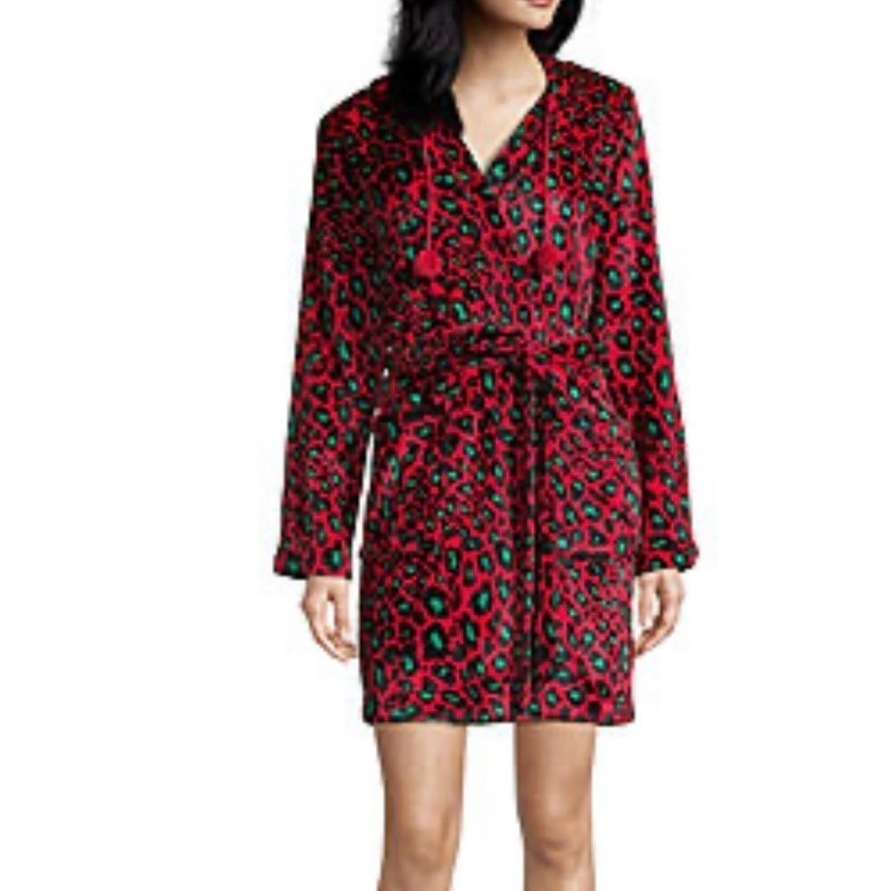 🔥 Sleep Chic NWT Plush Short Robe XXL Red Green Animal Print